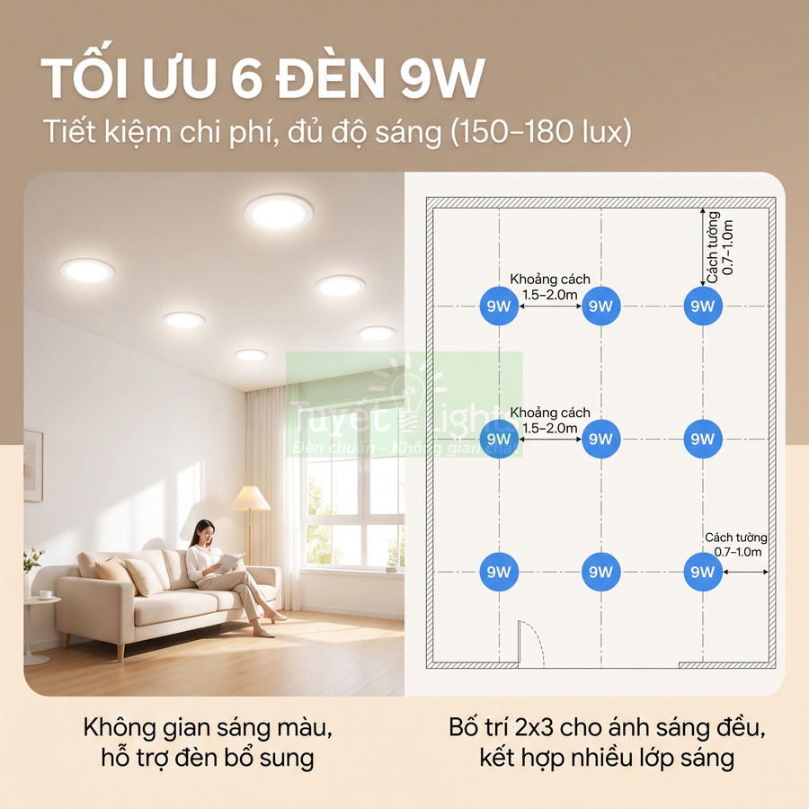 Sơ đồ bố trí 6 đèn LED âm trần 9W cho phòng khách, ánh sáng trắng đều và tiết kiệm điện
