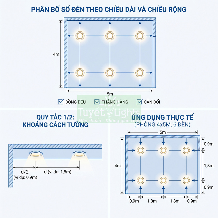 Sơ đồ bố trí 6 đèn âm trần trong phòng 4x5m, khoảng cách đều nhau và cách tường theo quy tắc 1/2