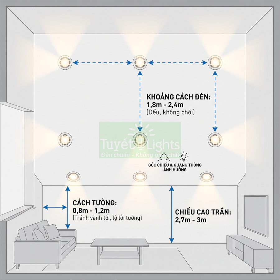 Sơ đồ bố trí đèn âm trần Tuyết Lights trong phòng khách với khoảng cách và chiều cao lắp đặt chuẩn
