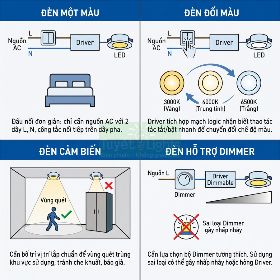 Sơ đồ hướng dẫn lắp đặt và sử dụng các loại đèn LED âm trần một màu, đổi màu, cảm biến và hỗ trợ dimmer