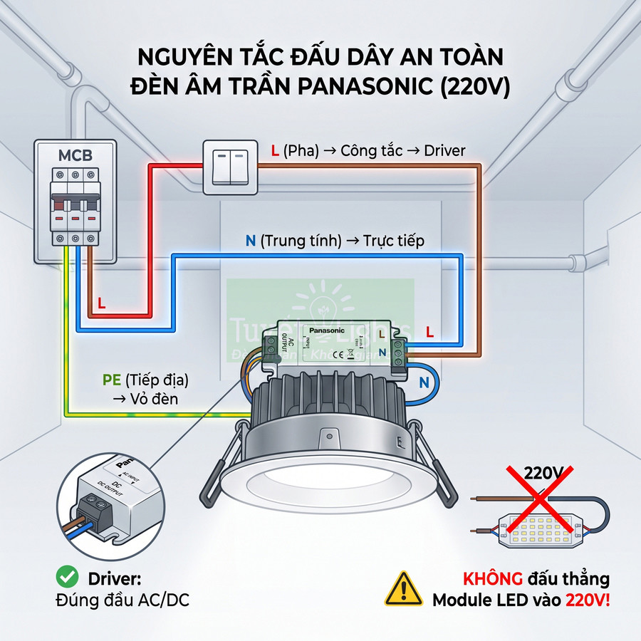 Sơ đồ đấu dây an toàn cho đèn âm trần Panasonic 220V với driver và các dây pha, trung tính, tiếp địa
