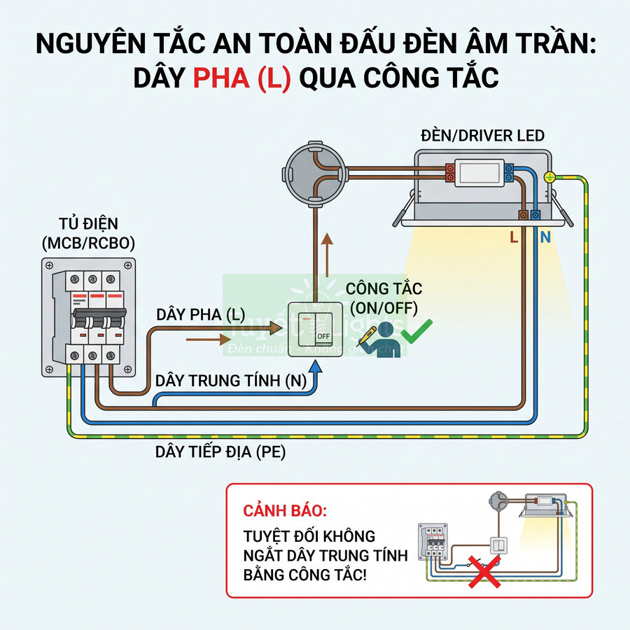 Sơ đồ nguyên tắc đấu dây an toàn cho đèn LED âm trần với dây pha L qua công tắc