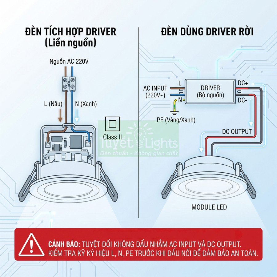 Sơ đồ đấu nối đèn LED âm trần Tuyết Lights loại tích hợp driver và dùng driver rời an toàn