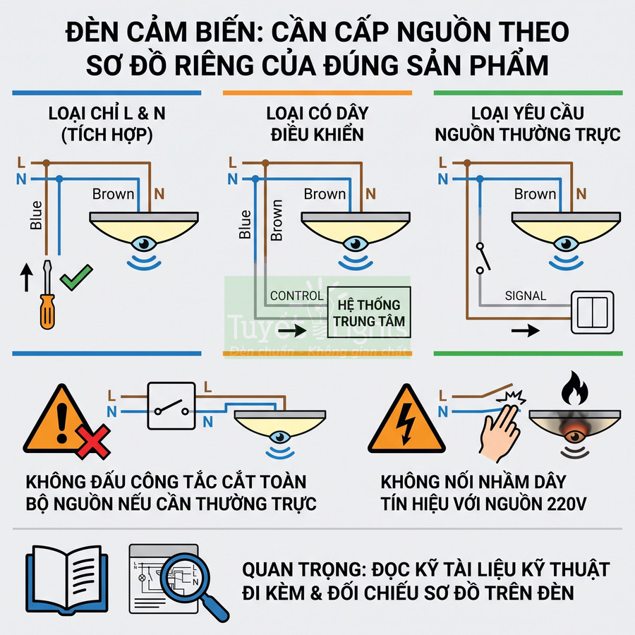Sơ đồ hướng dẫn đấu nối dây nguồn cho các loại đèn cảm biến và cảnh báo an toàn khi lắp đặt