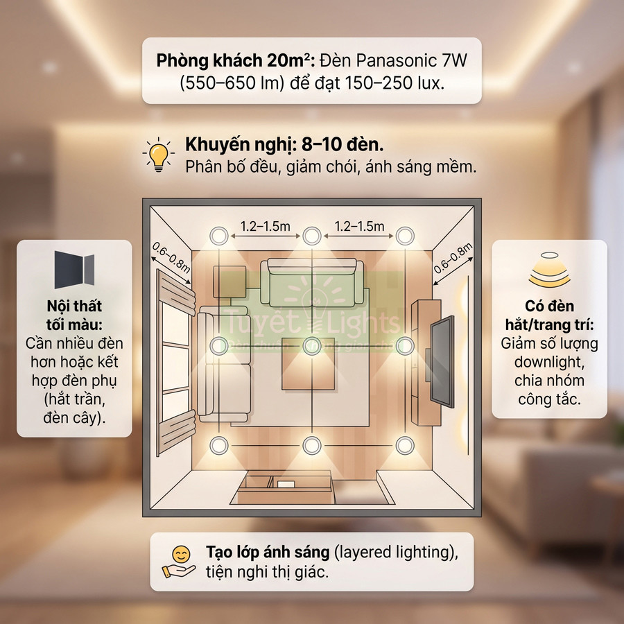 Sơ đồ bố trí đèn Panasonic 7W cho phòng khách 20m2 với 8 đến 10 đèn downlight ánh sáng vàng ấm