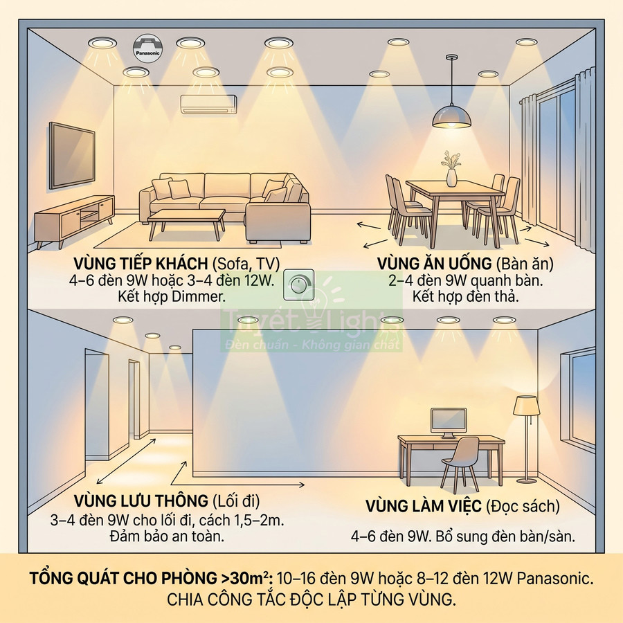 Sơ đồ bố trí đèn LED Panasonic cho phòng khách, bàn ăn, lối đi và góc làm việc trong nhà