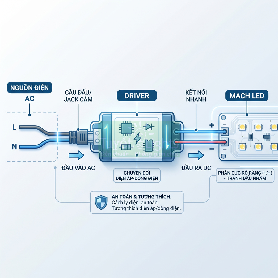 Sơ đồ cấu tạo driver đèn LED chuyển đổi nguồn điện AC sang DC và kết nối với mạch LED