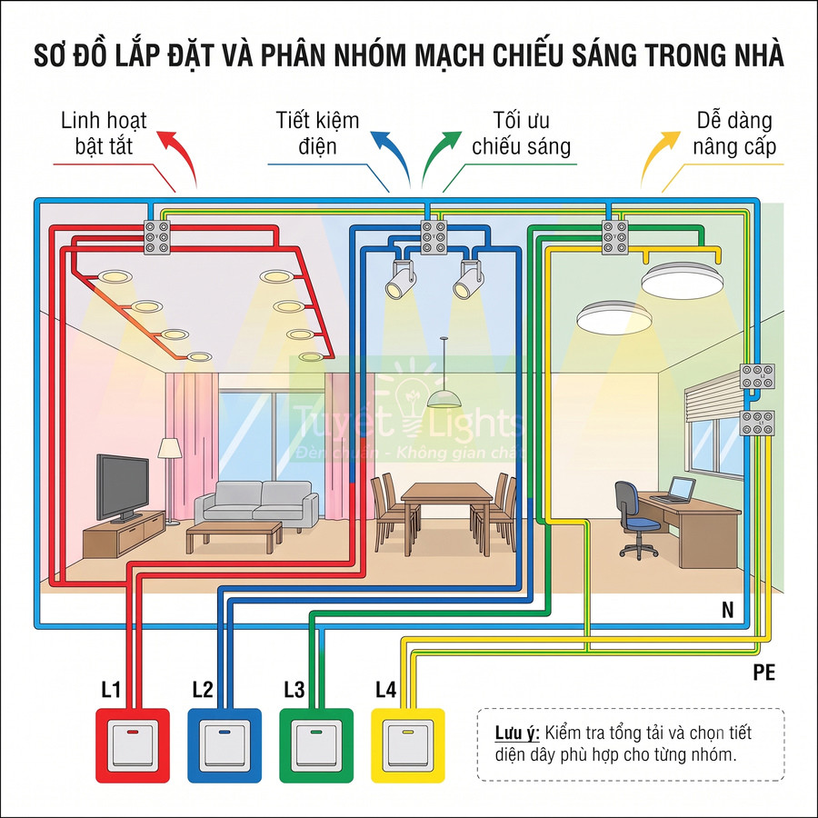 Sơ đồ lắp đặt và phân nhóm mạch đèn chiếu sáng trong nhà với nhiều công tắc điều khiển riêng