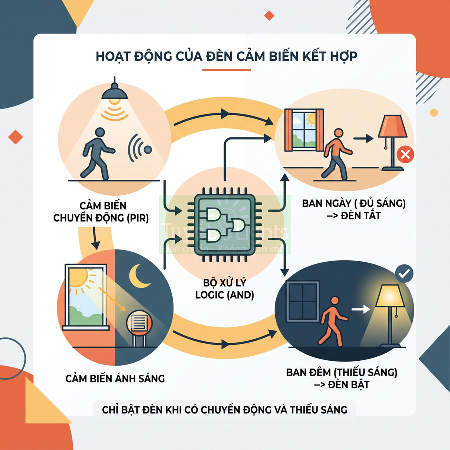 Sơ đồ nguyên lý hoạt động của đèn cảm biến kết hợp cảm biến chuyển động PIR và cảm biến ánh sáng
