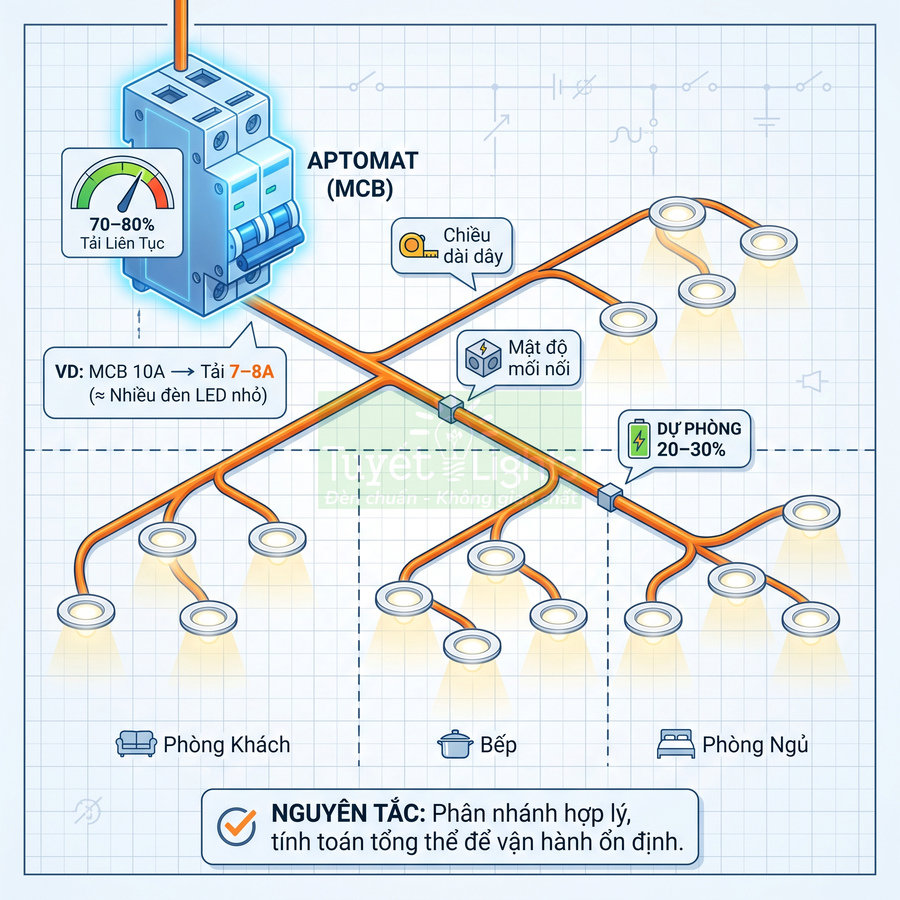 Sơ đồ aptomat MCB phân nhánh dây điện điều khiển nhiều đèn LED âm trần cho phòng khách bếp phòng ngủ