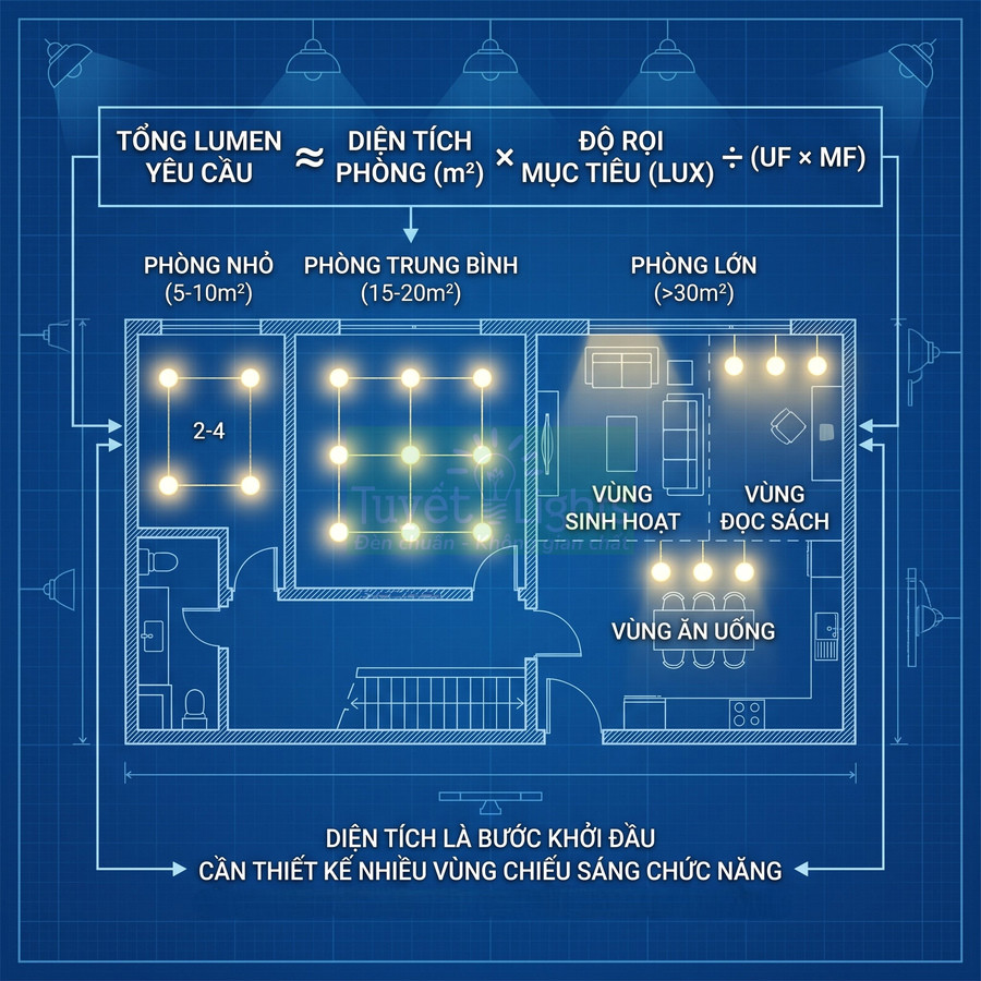 Sơ đồ bố trí đèn chiếu sáng cho các phòng nhỏ, trung bình và lớn trong căn hộ gia đình