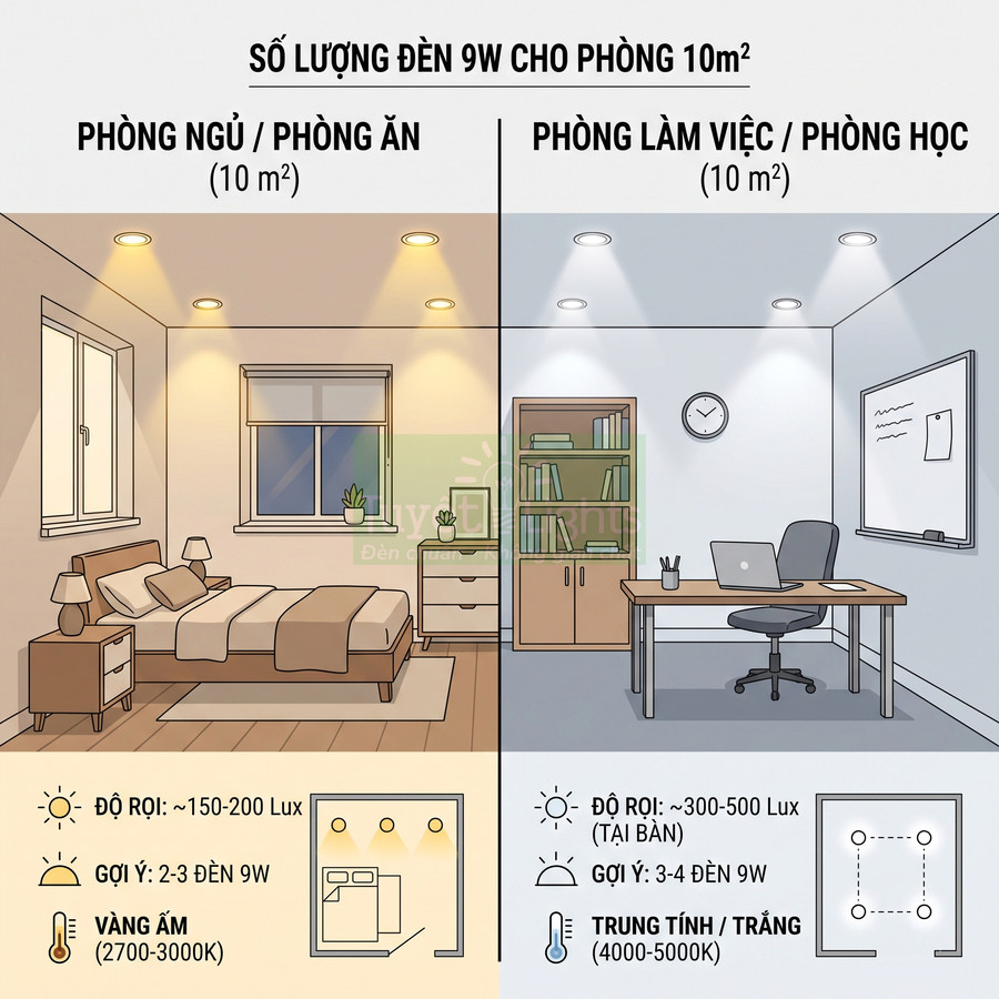 Minh họa số lượng đèn LED âm trần 9W cho phòng ngủ và phòng làm việc diện tích 10m2