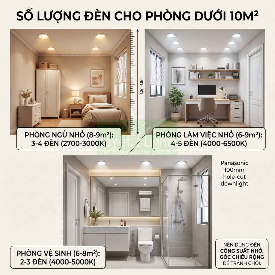 Gợi ý số lượng đèn downlight Panasonic cho phòng ngủ nhỏ, phòng làm việc nhỏ và phòng vệ sinh dưới 10m2