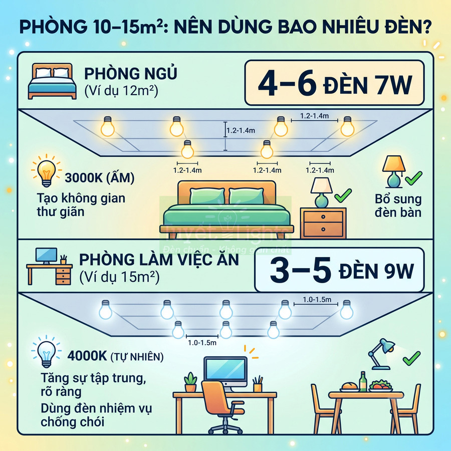 Hướng dẫn chọn số lượng và công suất đèn LED cho phòng ngủ và phòng làm việc 10 đến 15m2