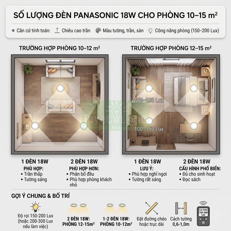 Sơ đồ bố trí số lượng đèn LED Panasonic 18W cho phòng ngủ và phòng khách diện tích 10 đến 15m2