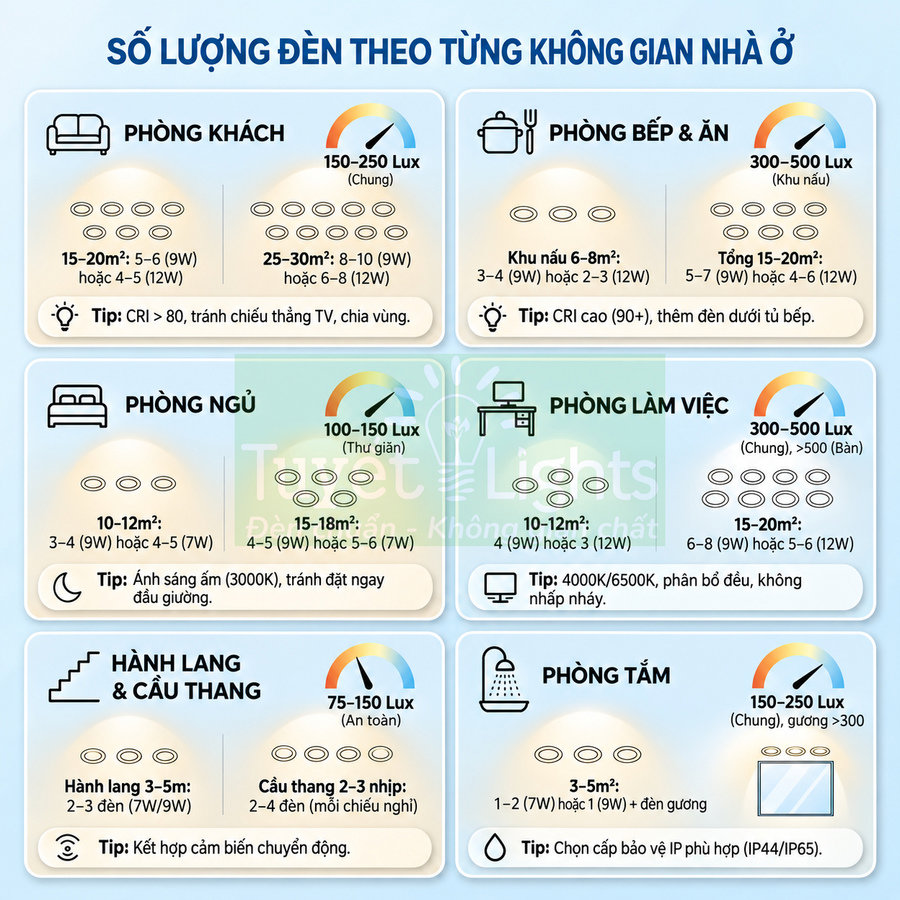 Bảng hướng dẫn số lượng đèn LED và độ sáng Lux cho phòng khách, bếp, ngủ, làm việc, hành lang và phòng tắm