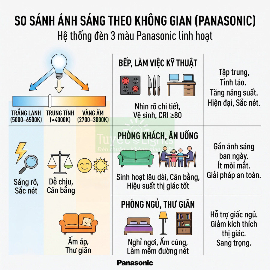 So sánh ánh sáng theo không gian với hệ thống đèn 3 màu Panasonic cho bếp, phòng khách và phòng ngủ