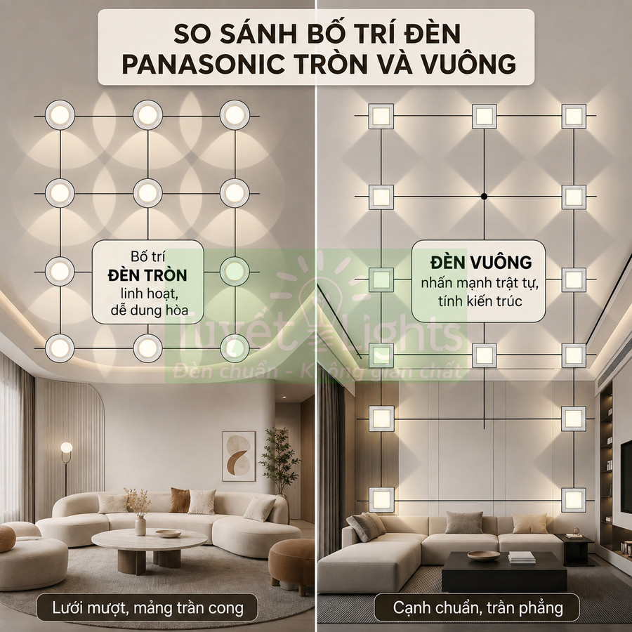 So sánh bố trí đèn trần Panasonic tròn và vuông trong phòng khách hiện đại, nhấn mạnh ưu điểm từng loại
