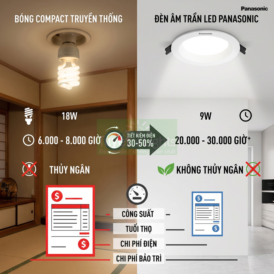 So sánh bóng compact truyền thống và đèn âm trần LED Panasonic về công suất, tuổi thọ và tiết kiệm điện