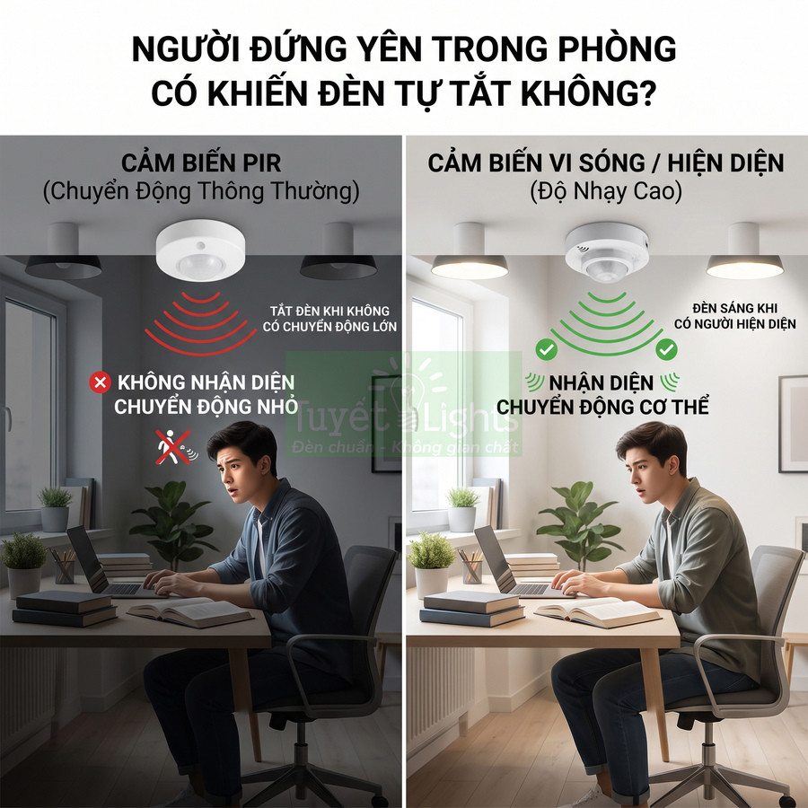 So sánh đèn cảm biến PIR và đèn cảm biến vi sóng hiện diện khi người ngồi làm việc tại bàn