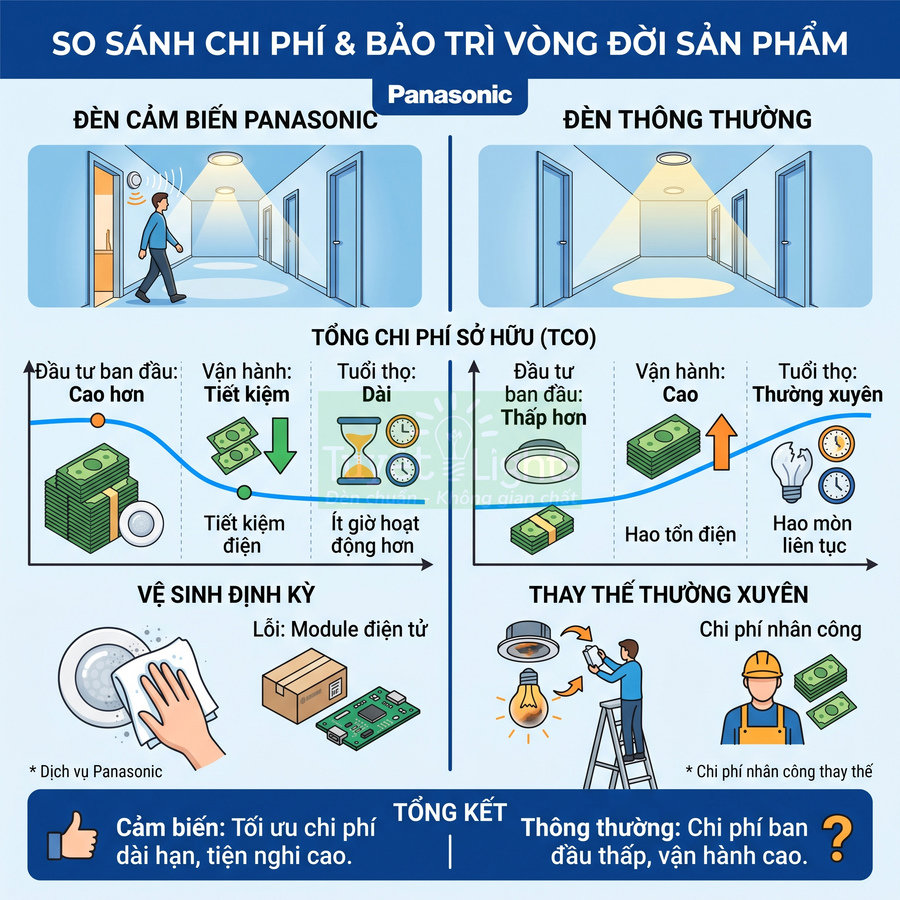 Infographic so sánh chi phí vòng đời đèn cảm biến Panasonic và đèn thường, nhấn mạnh tiết kiệm điện và bảo trì