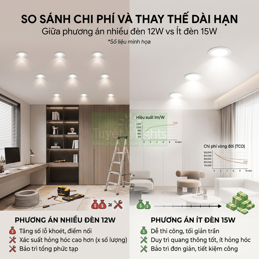 So sánh chi phí chiếu sáng giữa nhiều đèn âm trần 12W và ít đèn âm trần 15W trong phòng làm việc và phòng khách