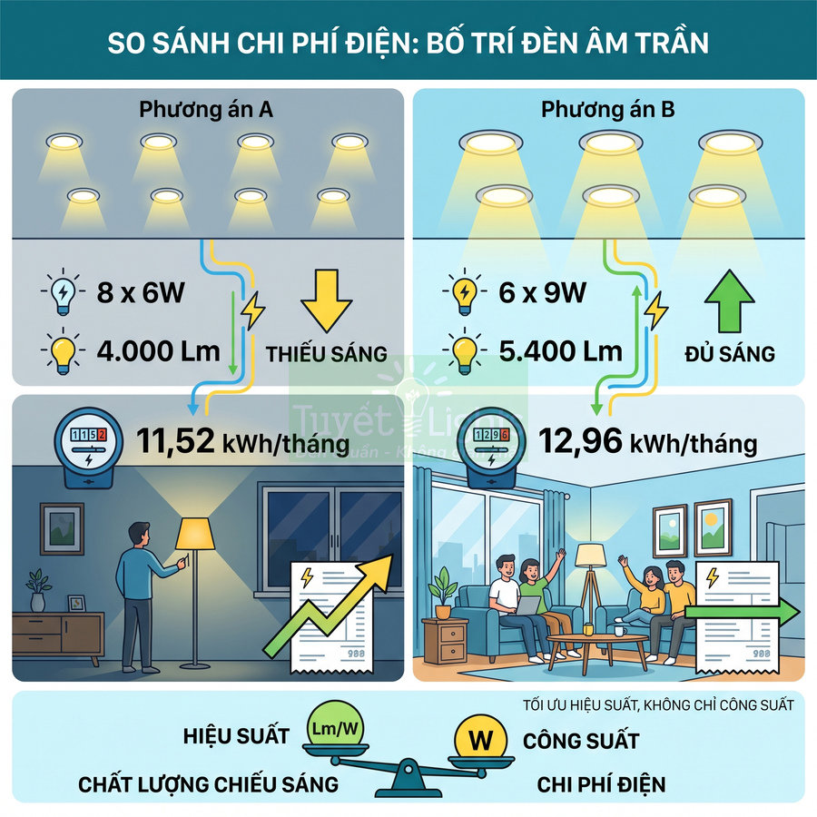 So sánh chi phí điện hai phương án bố trí đèn âm trần LED với độ sáng và hiệu suất khác nhau