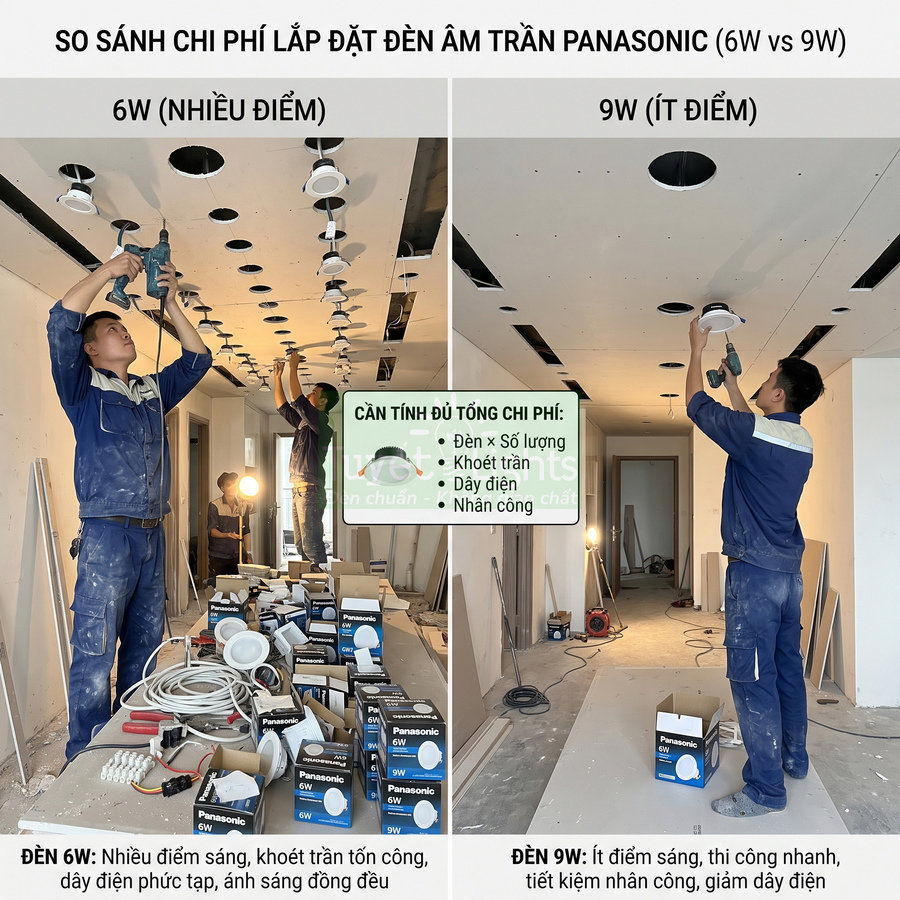 Thợ điện lắp đặt đèn âm trần Panasonic 6W và 9W trong căn hộ đang thi công, so sánh chi phí và số lượng đèn