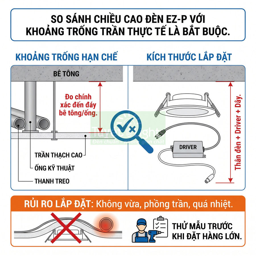 Hướng dẫn so sánh chiều cao đèn âm trần EZ P với khoảng trống trần và cảnh báo rủi ro lắp đặt không đúng
