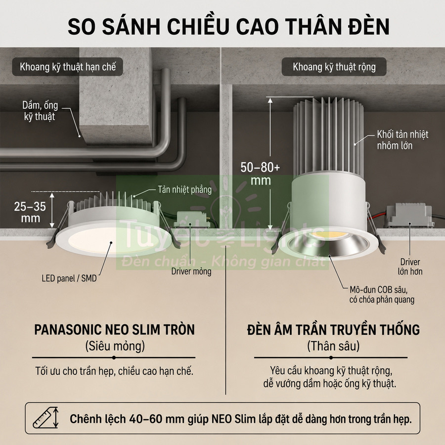 So sánh đèn âm trần Panasonic Neo Slim tròn siêu mỏng với đèn âm trần truyền thống thân sâu