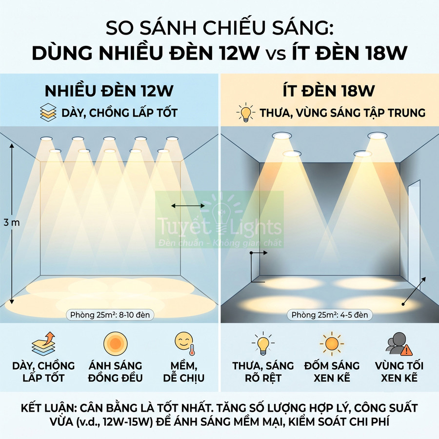 So sánh chiếu sáng phòng 25m2 dùng nhiều đèn âm trần 12W và ít đèn 18W của Tuyết Lights