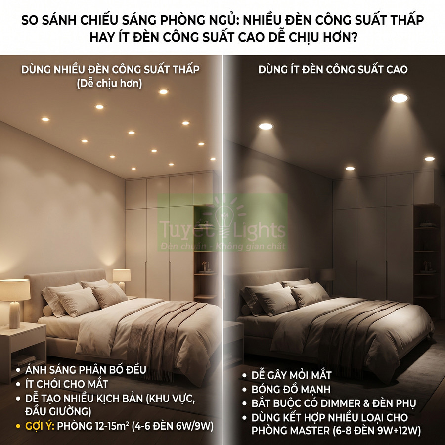 So sánh phòng ngủ dùng nhiều đèn LED âm trần công suất thấp và ít đèn công suất cao của Tuyết Lights