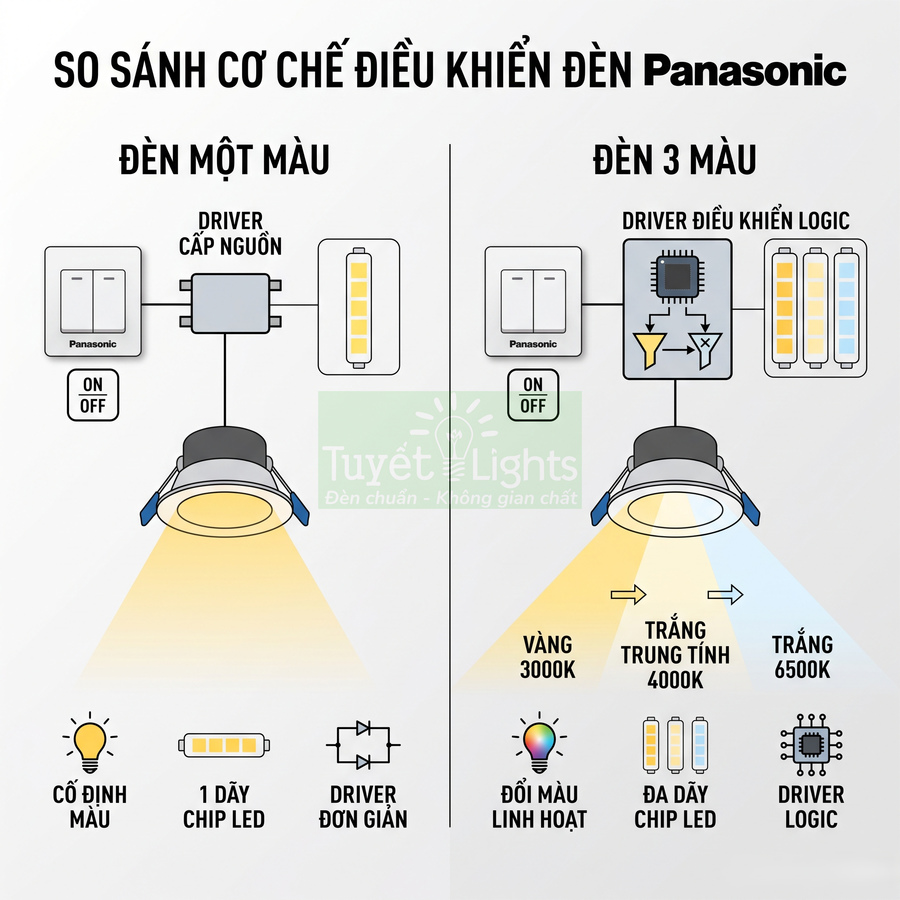 So sánh cơ chế điều khiển đèn LED Panasonic một màu và đèn LED Panasonic ba màu đổi nhiệt độ sáng