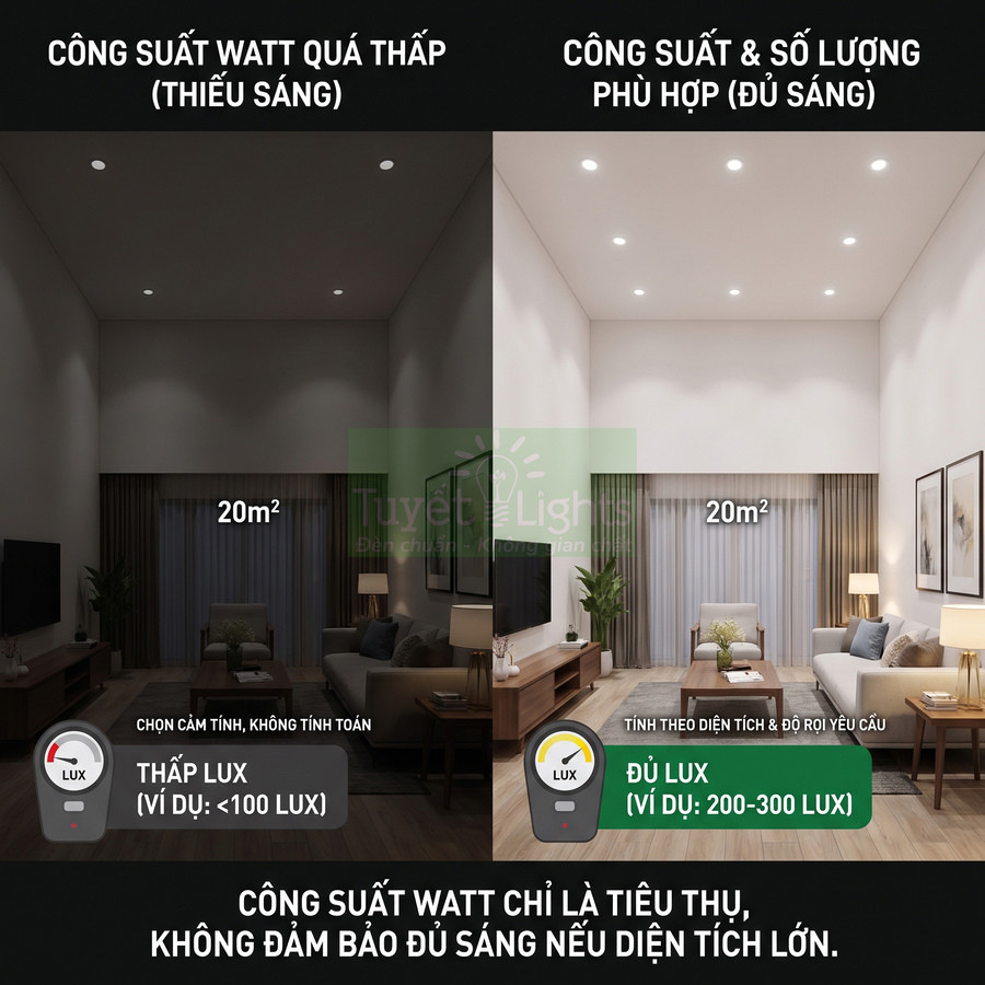 So sánh phòng khách 20m2 dùng đèn âm trần công suất thấp thiếu sáng và đèn âm trần đủ công suất sáng rõ