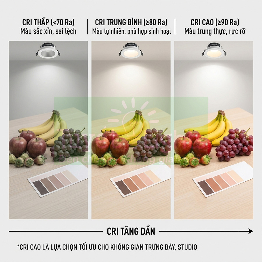 So sánh chất lượng ánh sáng đèn LED theo chỉ số CRI thấp, trung bình và cao chiếu lên rổ trái cây