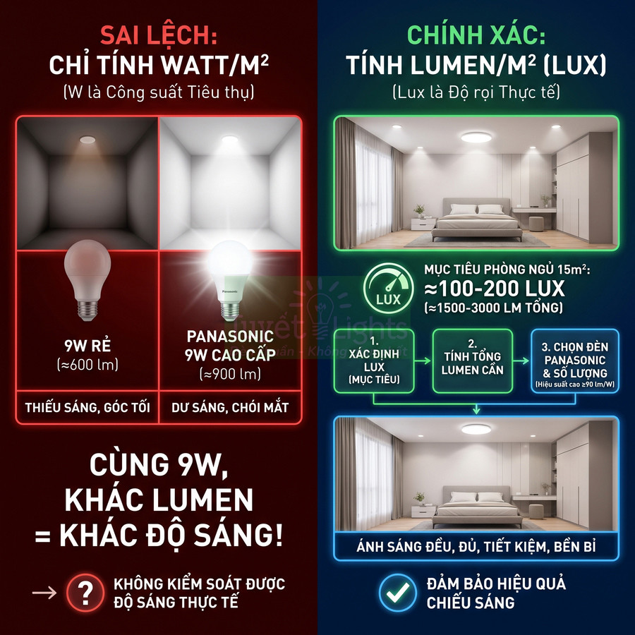 So sánh bóng đèn Panasonic 9W cao cấp và bóng đèn 9W thường, minh họa độ sáng khác nhau theo lumen và lux