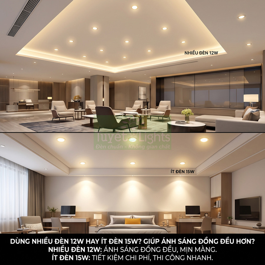 So sánh chiếu sáng trần với nhiều đèn led âm trần 12W và ít đèn led âm trần 15W trong phòng khách và phòng ngủ