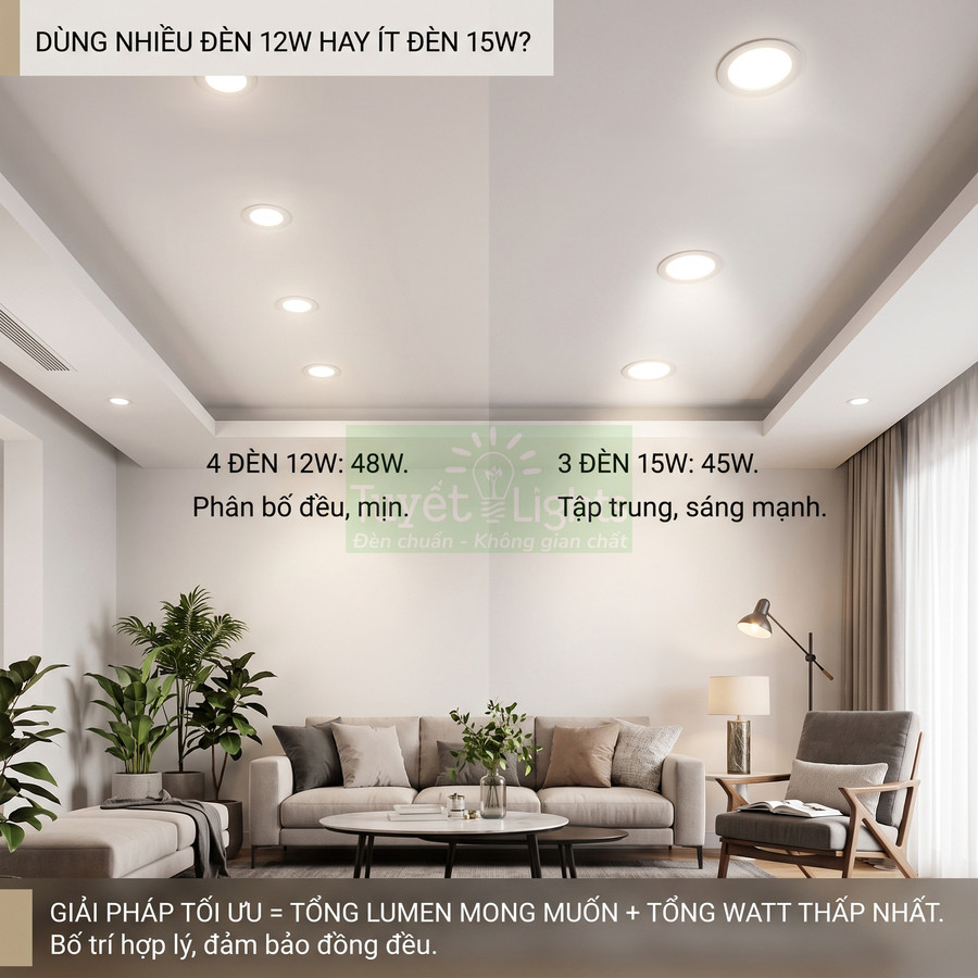Phòng khách hiện đại sử dụng nhiều đèn LED âm trần 12W và 15W bố trí so sánh độ sáng và phân bổ ánh sáng
