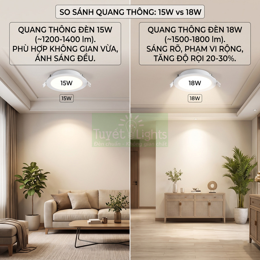 So sánh ánh sáng đèn âm trần Tuyết Lights 15W và 18W trong phòng khách hiện đại