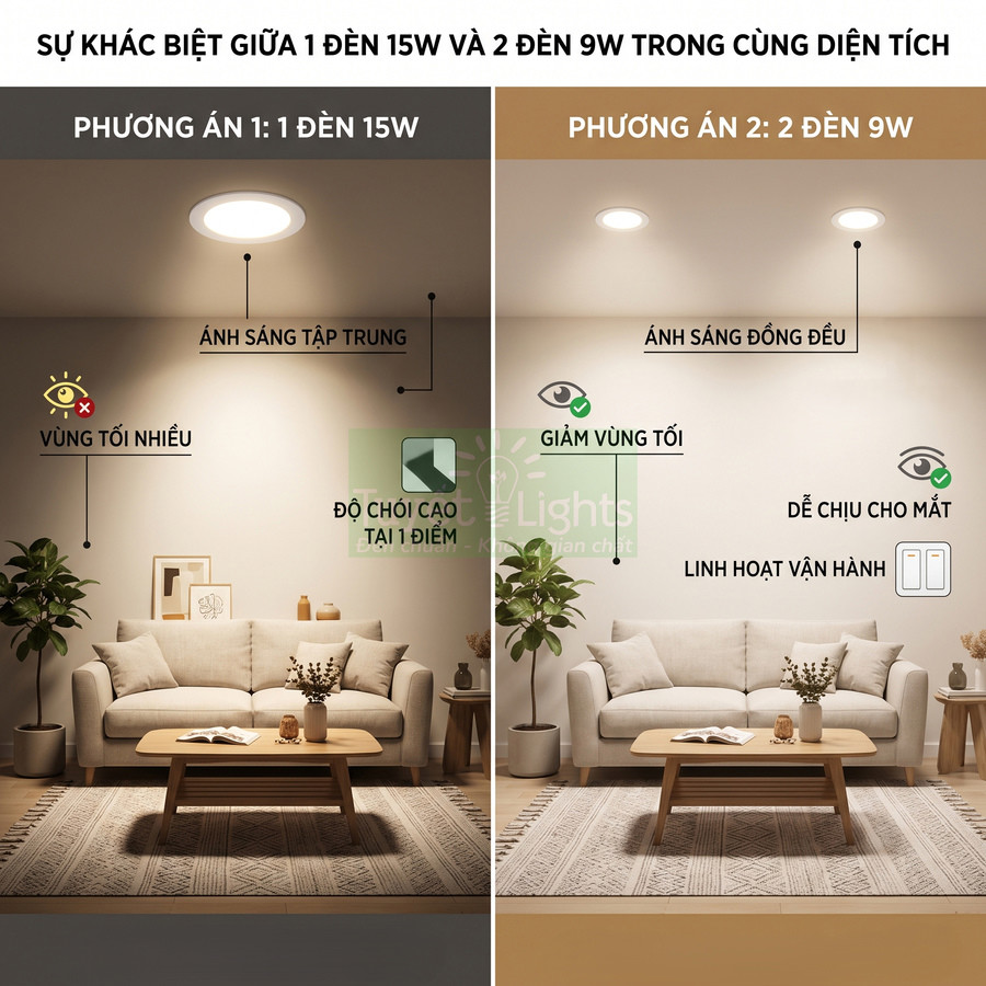 So sánh ánh sáng phòng khách dùng 1 đèn âm trần 15W và 2 đèn âm trần 9W phân bổ đều