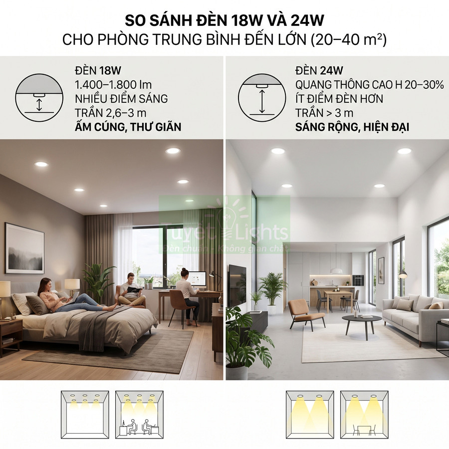 So sánh đèn LED âm trần 18W và 24W cho phòng trung bình đến lớn, minh họa ánh sáng và không gian sử dụng