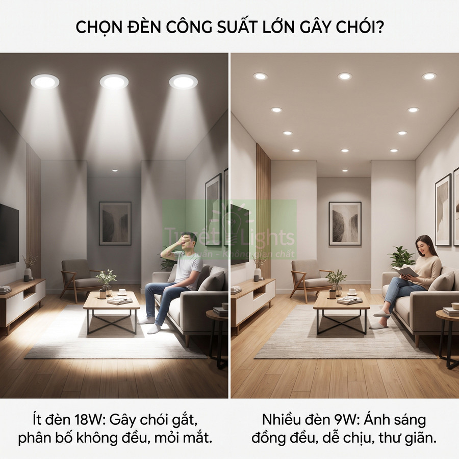 So sánh phòng khách dùng ít đèn âm trần 18W gây chói với nhiều đèn âm trần 9W ánh sáng dịu, phân bố đều