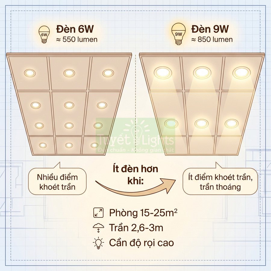 So sánh bố trí đèn âm trần 6W và 9W cho phòng 15 đến 25m2 trần cao 2,6 đến 3m