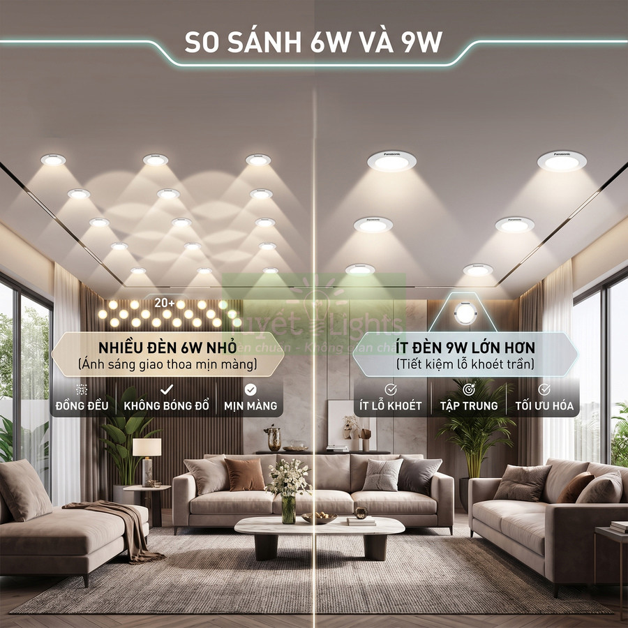 So sánh ánh sáng đèn âm trần 6W và 9W trong phòng khách hiện đại, nhiều đèn nhỏ và ít đèn lớn