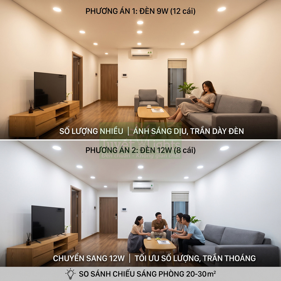 So sánh phòng khách dùng đèn LED âm trần 9W và 12W cho không gian 20 đến 30 mét vuông