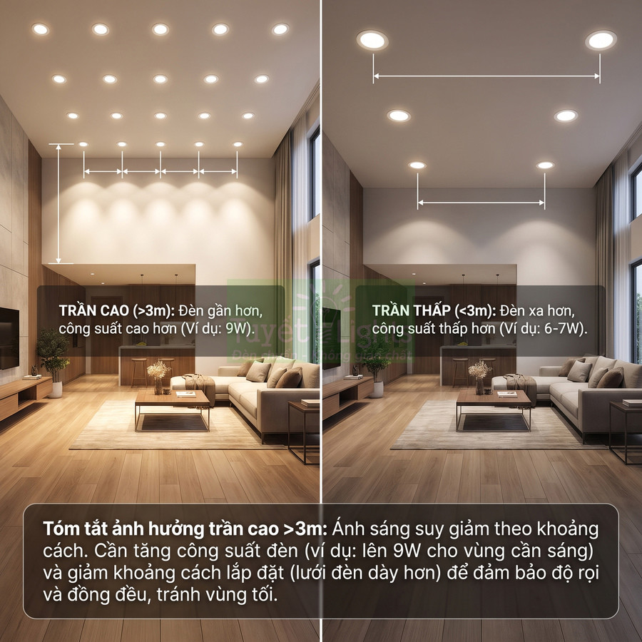 So sánh bố trí đèn LED âm trần cho phòng khách trần cao và trần thấp, minh họa khoảng cách và công suất đèn