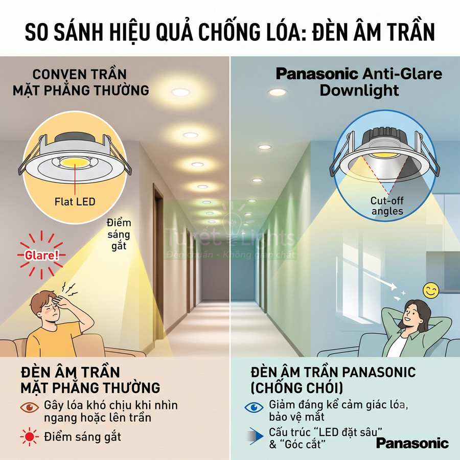 So sánh đèn âm trần thường và đèn âm trần chống chói Panasonic Anti Glare Downlight trong phòng khách