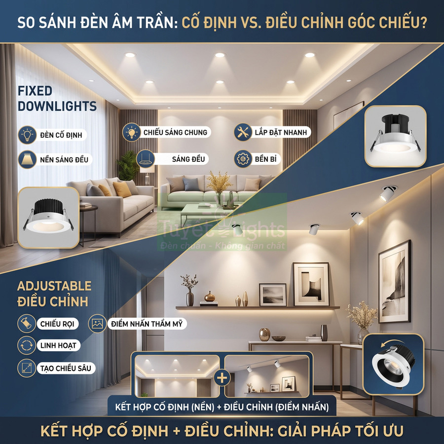 So sánh đèn âm trần cố định và đèn âm trần điều chỉnh góc chiếu trong phòng khách hiện đại