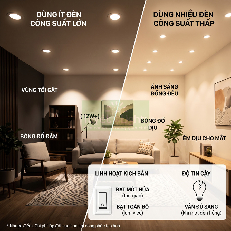 So sánh phòng khách dùng ít đèn âm trần công suất lớn và nhiều đèn âm trần công suất thấp ánh sáng đều