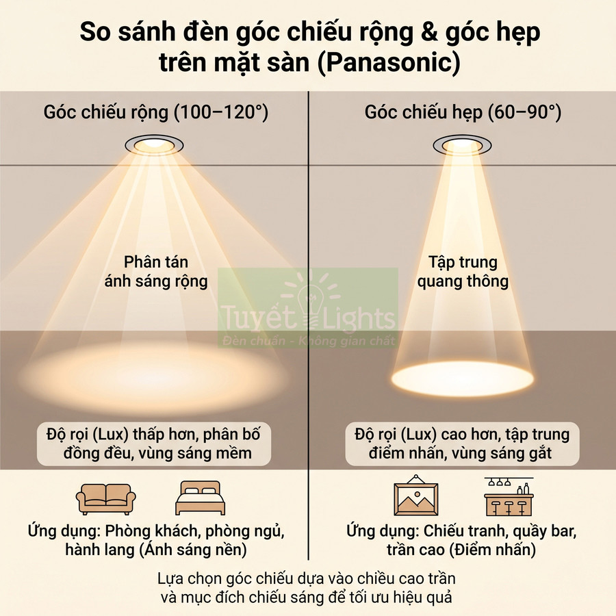 So sánh đèn LED âm trần Panasonic góc chiếu rộng và góc chiếu hẹp, ứng dụng cho từng không gian